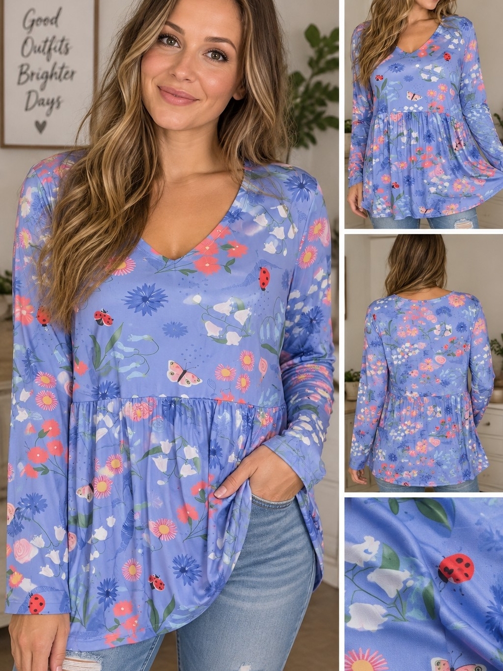 New chic Women's 5X purple blue floral Ladybug blouse #26